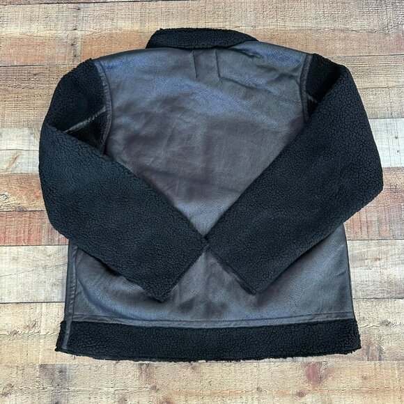 Boohoo Man black faux Leather look and borg bomber jacket men's L - Picture 4 of 7